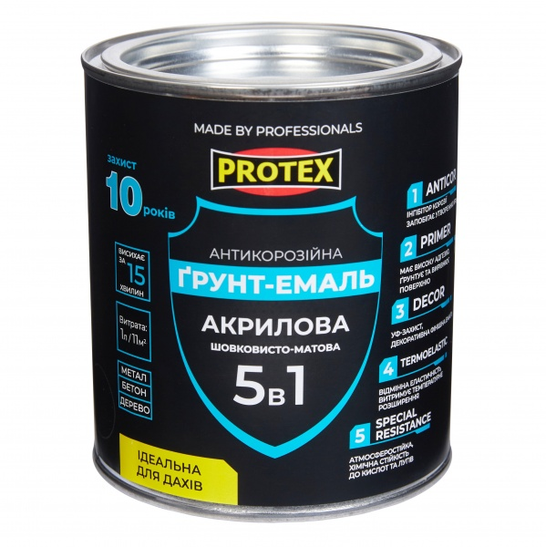 Ґрунт-емаль Protex 5в1 акрилова антикорозійна RAL 9011 чорний шовковистий мат 0,7 кг